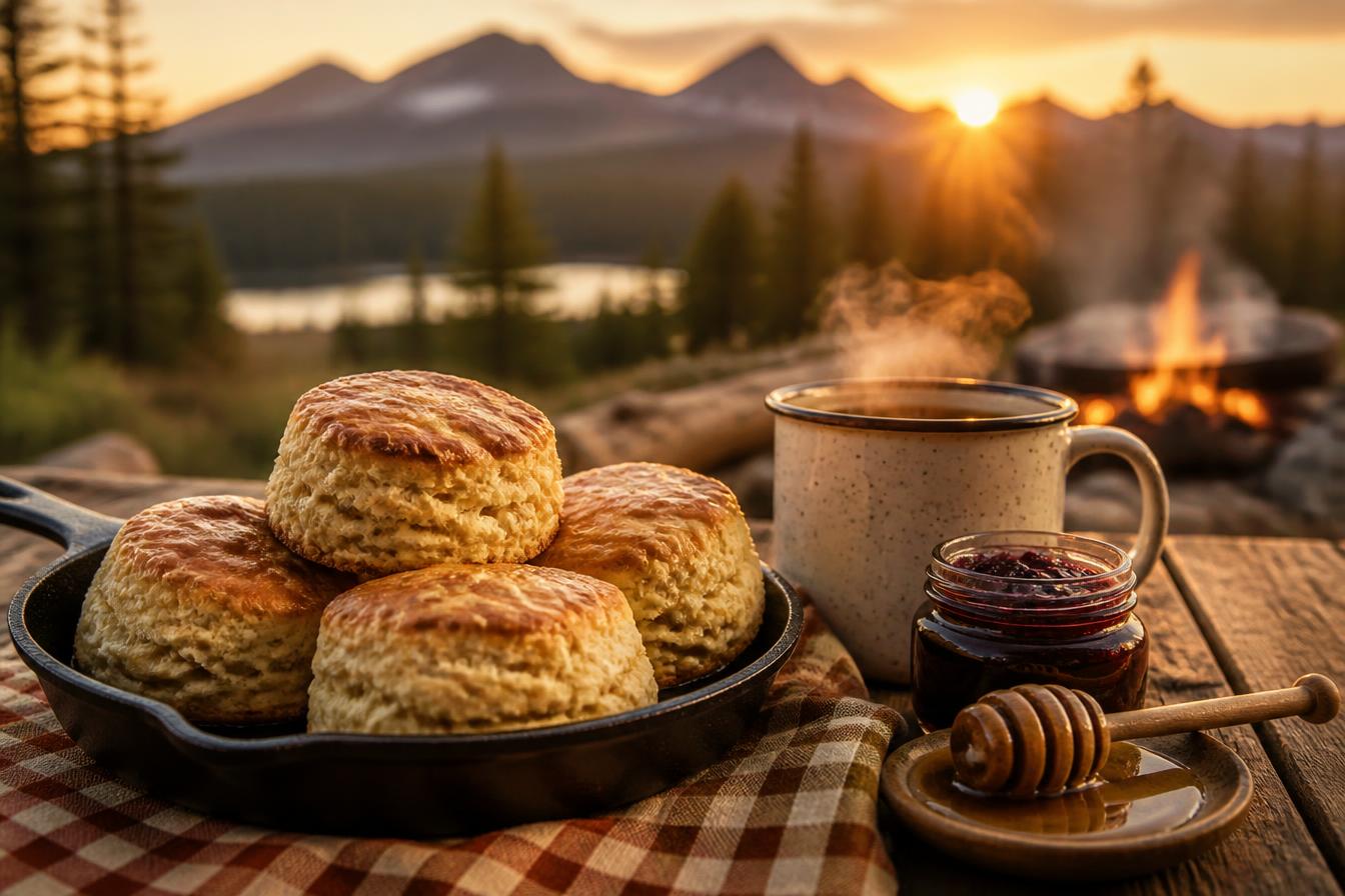 Golden biscuits, coffee, and honey on a Montana morning